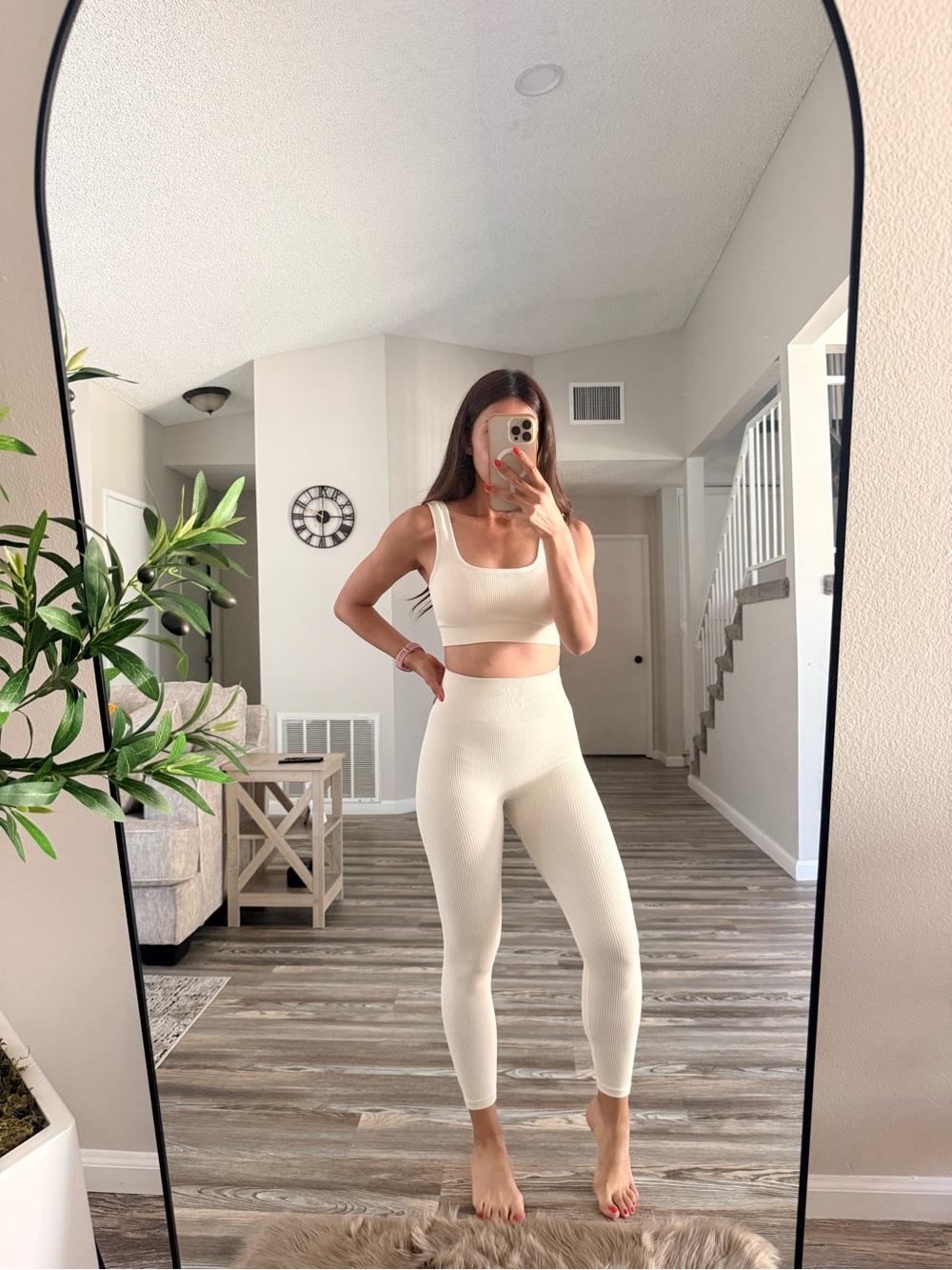 Seamless High-Waist Ribbed Leggings & Crop Tank Set - Cream